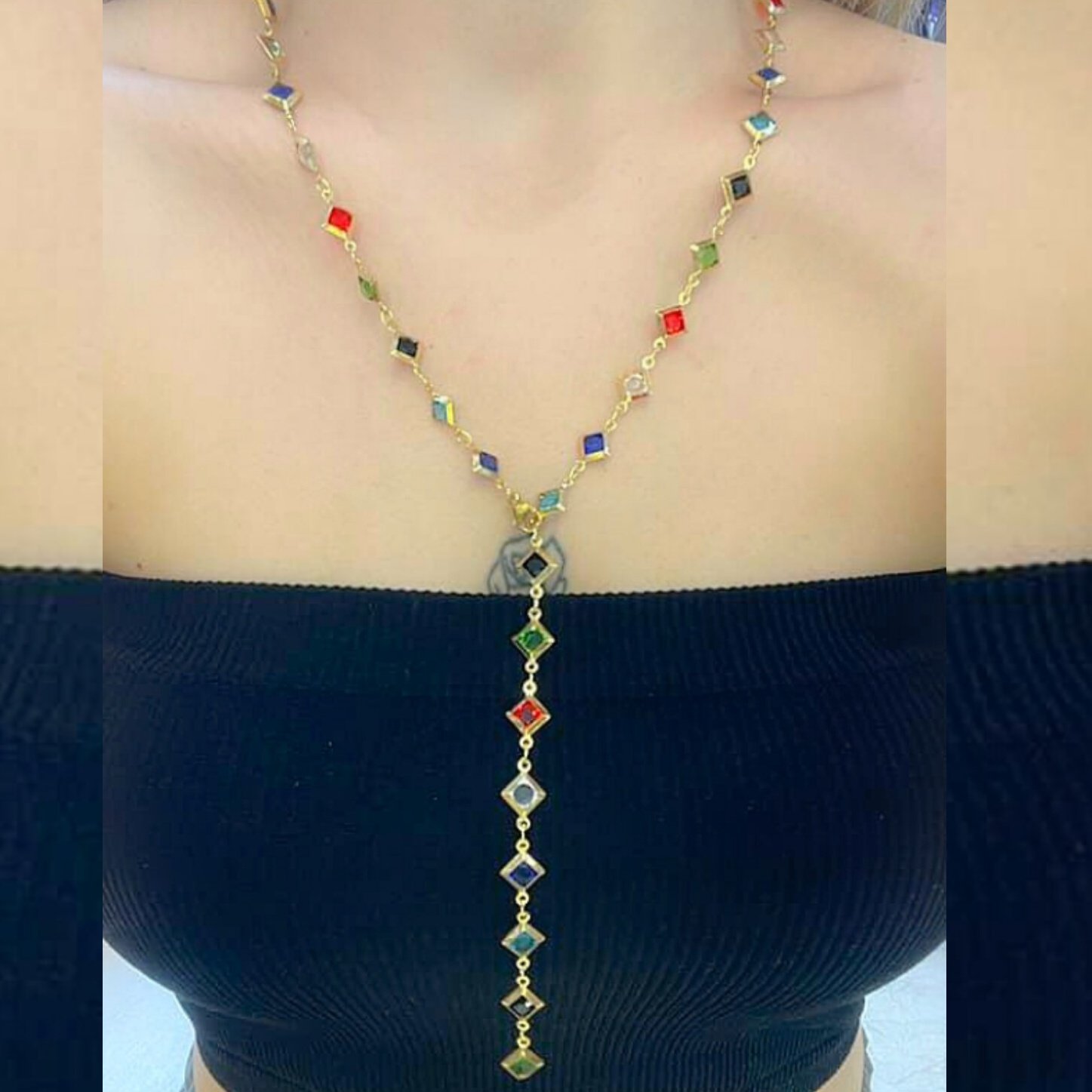 14K Altın Kaplama Renkli Kare Y Kolye