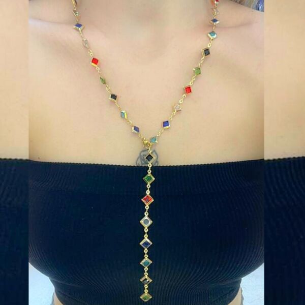 14K Altın Kaplama Renkli Kare Y Kolye