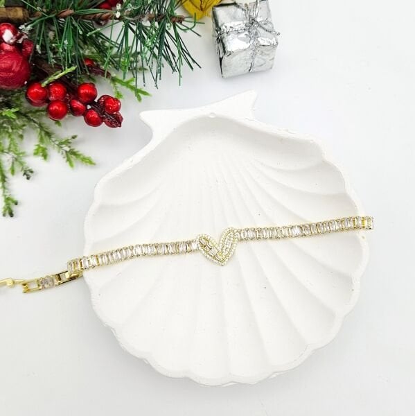 Çelik Kalp Baget Taşlı Gold Bileklik