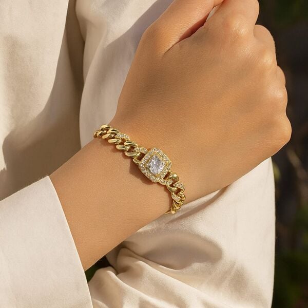 Altın Kaplama 14K Ortası Kare Baget Taşlı Gold Bileklik