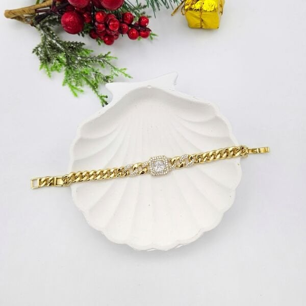 Altın Kaplama 14K Ortası Kare Baget Taşlı Gold Bileklik