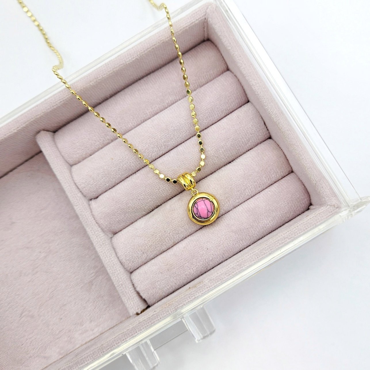 Çelik 14K Pembe Taş Uçlu Ezme Pul Kolye 60cm