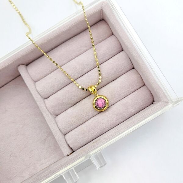 Çelik 14K Pembe Taş Uçlu Ezme Pul Kolye 60cm