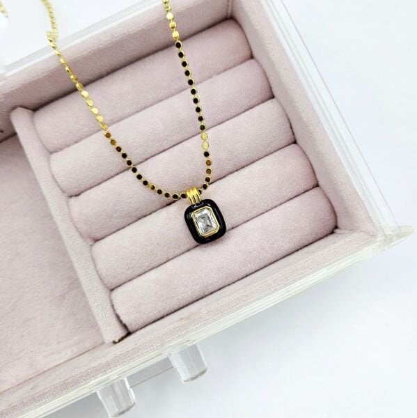 Çelik 14K Siyah Taş Uçlu Ezme Pul Kolye 60cm