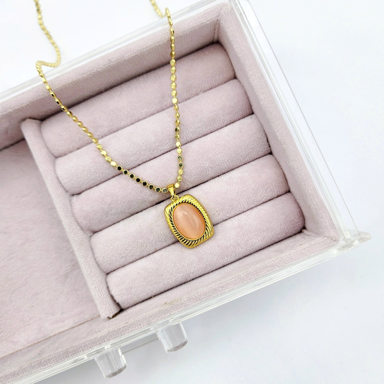 Çelik 14K Pembe Sedef Uçlu Ezme Pul Kolye 60cm