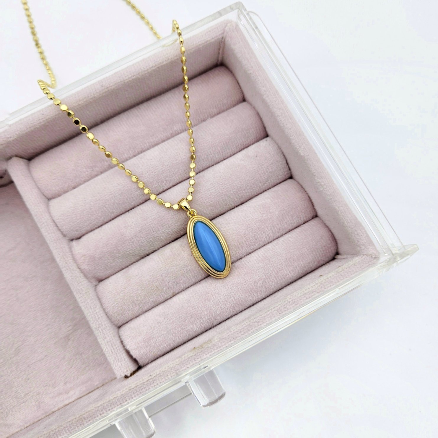 Çelik 14K Mavi Taşlı Uçlu Ezme Pul Kolye 60cm