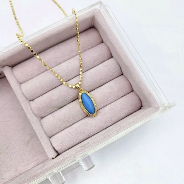 Çelik 14K Mavi Taşlı Uçlu Ezme Pul Kolye 60cm