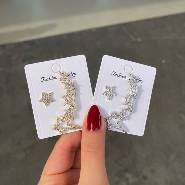 Altın Kaplama Yıldızlı Kıkırdak Küpe Seti