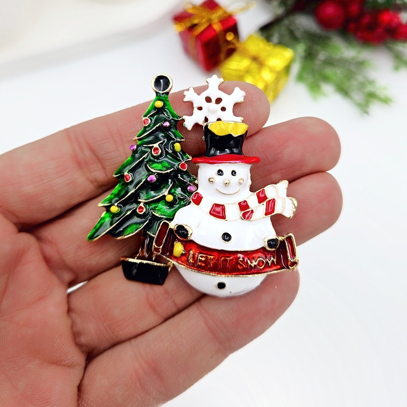 Yeni Yıl Ağaçlı Kardan Adam Broş