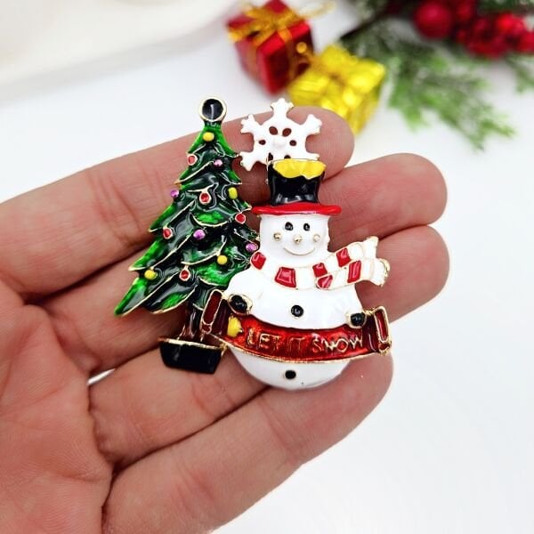 Yeni Yıl Ağaçlı Kardan Adam Broş