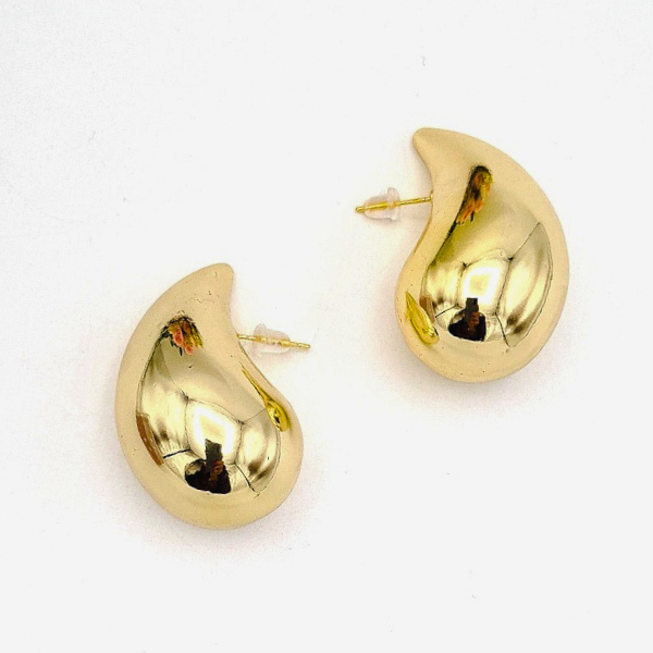 Büyük Bombeli Plaka Damla Model Gold Küpe