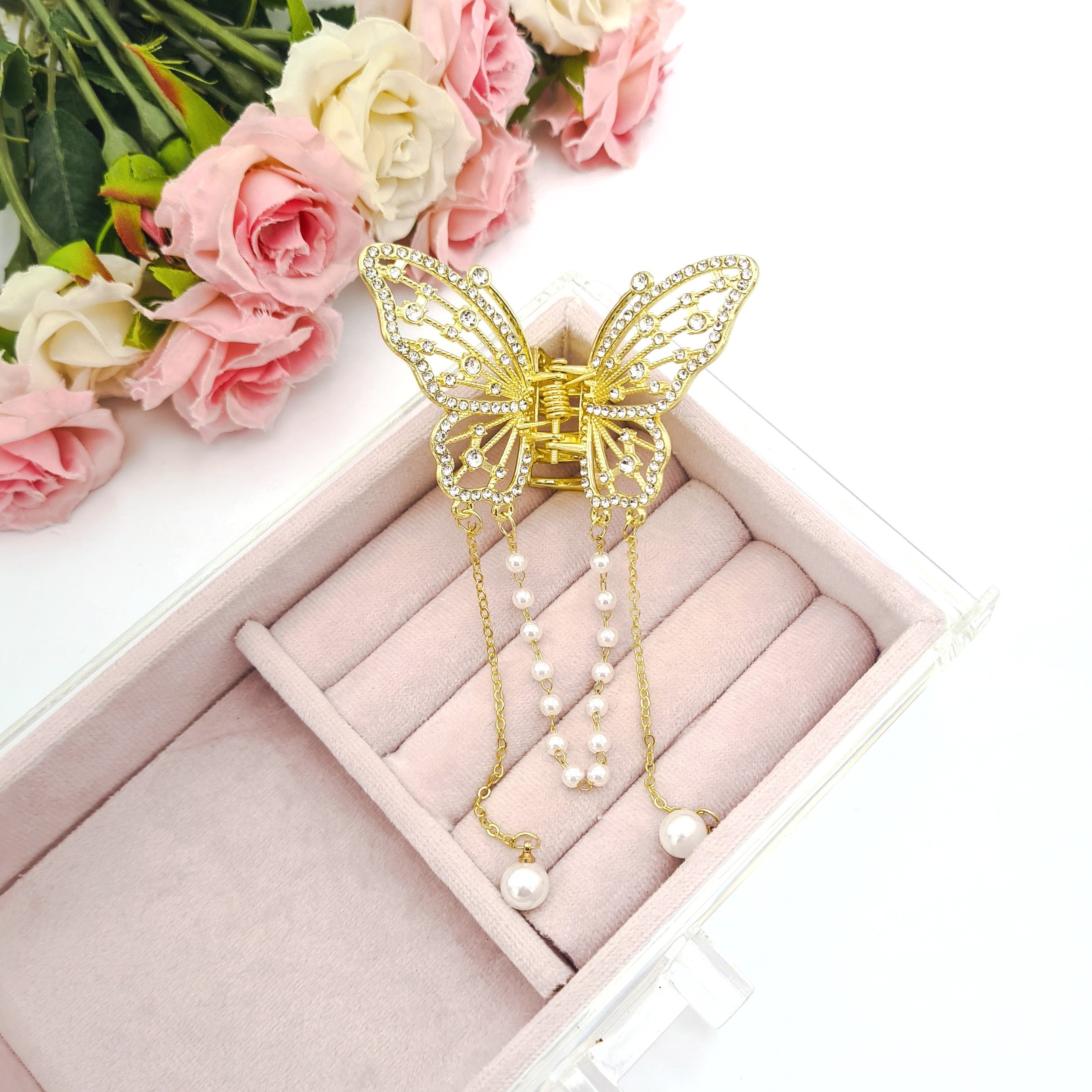 İnci Sallantılı Zirkon Taşlı Kelebek Mandal Toka