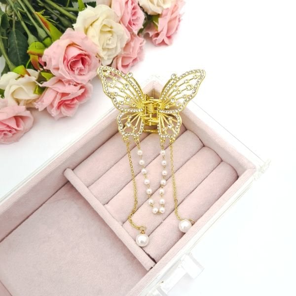 İnci Sallantılı Zirkon Taşlı Kelebek Mandal Toka