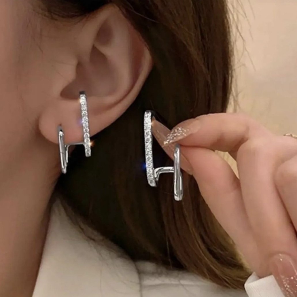 Vip Özel Seri Zirkon Taşlı İkili Görünümlü Tasarım Silver Küpe