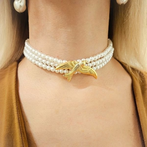 Üç Sıra İnci Kırlangıç Choker Kolye